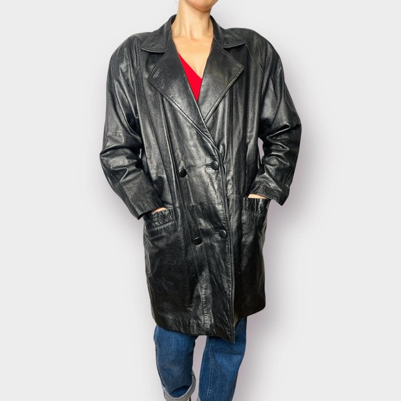 80s‎ Bonton Black Mid Length Leather Jacket - Picture 1 of 5
